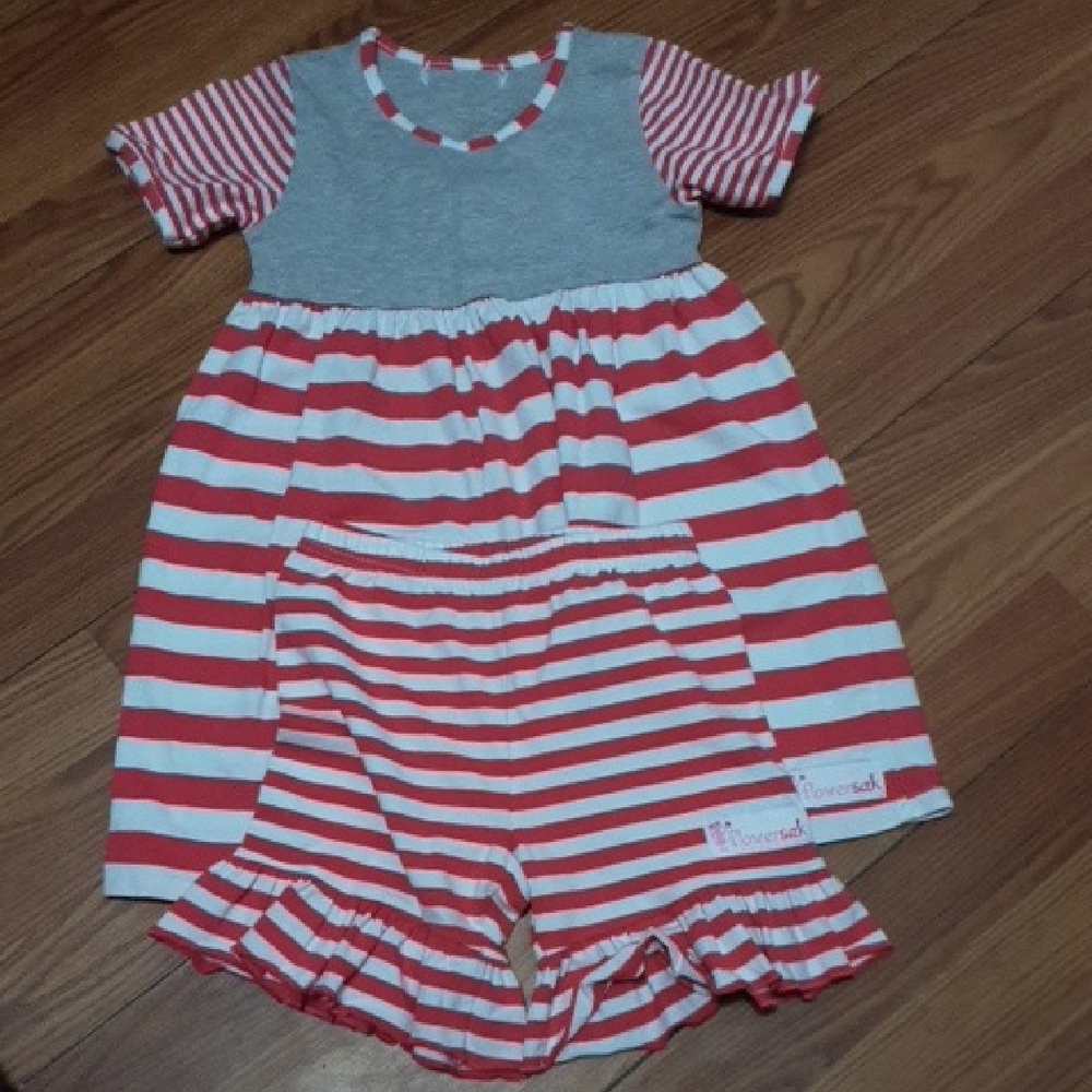 FLOWERSAK Red and White Striped Dress and Shorts‎ Set